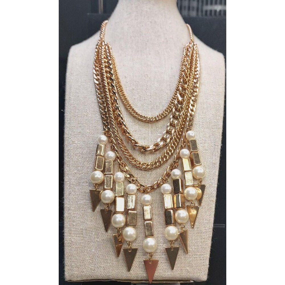 Mika Gold Toned Pearl Large Geometric Statement 4 Strand Necklace